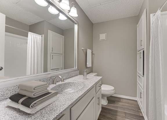 A bathroom with a toilet, sink, and mirror.
