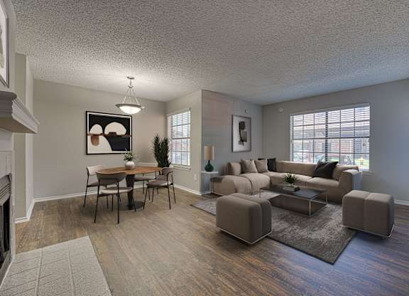 living room with coffee table, and a dining table at Timberglen Apartments, Dallas Texas