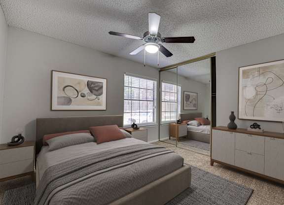 bedroom with ceiling fan at Timberglen Apartments, Dallas, TX