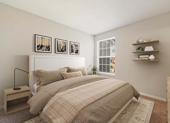A bedroom with a bed, nightstand, and shelves.