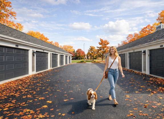A woman walking her dog on a street lined with garages.