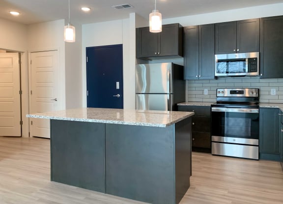a kitchen with stainless steel appliances, dark cabinets, and granite countertops