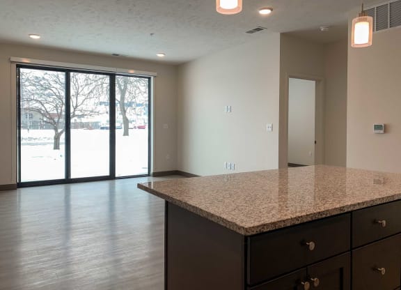 the kitchen island overlooking the living room