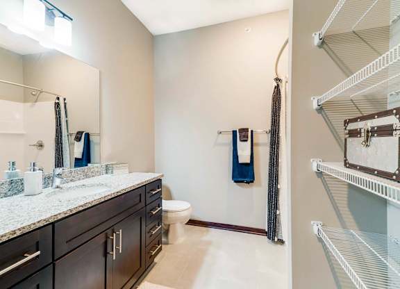 A bathroom with a marble countertop and a walk-in shower.