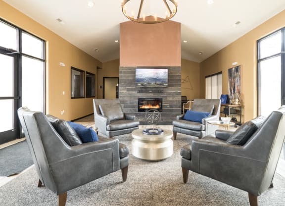 Clubhouse lounge with seating at 360 at Jordan West best new apartments West Des Moines IA 50266
