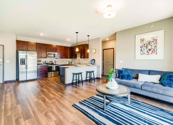 Spacious kitchen and living space in a 2 bedroom apartment for rent at 360 at Jordan West best new apartments West Des Moines IA 50266