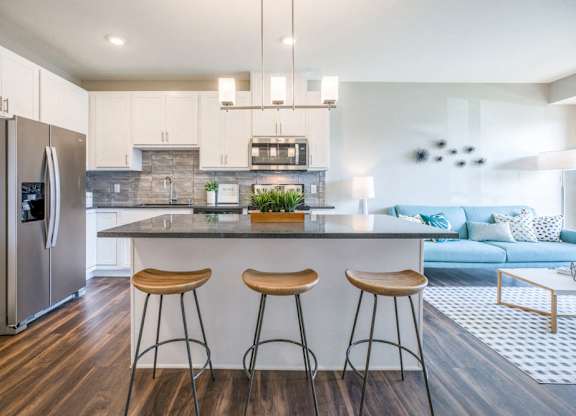 Alpine design scheme with kitchen island at Ascend at Woodbury MN 55129 new luxury apartments