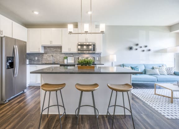 Alpine design scheme with kitchen island at Ascend at Woodbury MN 55129 new luxury apartments