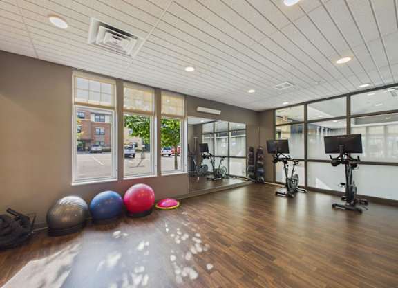 Apartment community fitness studio with wood flooring, exercise balls, cardio equipment, large windows, and mirrored walls.