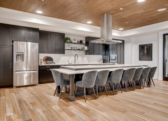 Chef caliber community kitchen with professional appliances and in-island stovetop and seating