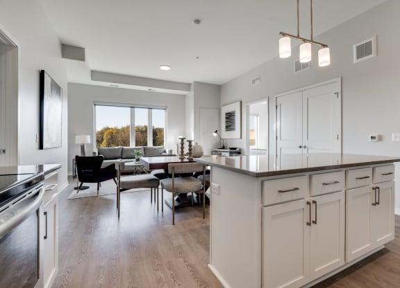 Kitchen island and living room at luxury apartment in Woodbury MN 55125