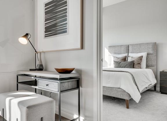 Doorway of furnished bedroom at Aspire at CityPlace in Woodbury MN 55125