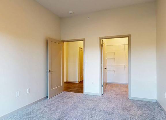 A room with two open doors and carpeted flooring.