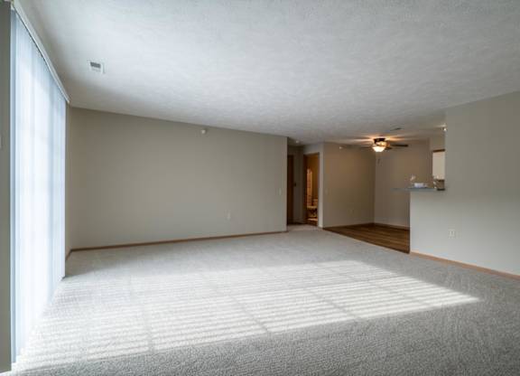 A living room with a carpeted floor and a patio door letting in sunlight.