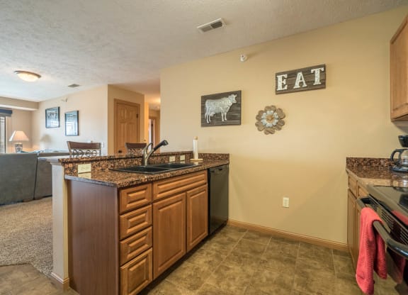 a kitchen with a sink and a granite counter top