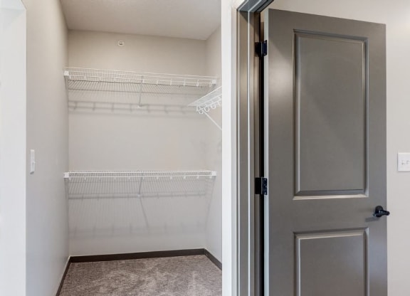 Closet space providing storage in the Bliss floor plan at Haven at Uptown in Lincoln, NE