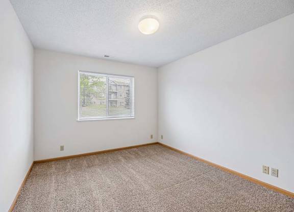 Bright, empty apartment bedroom with neutral carpet, white walls, wood trim, and a single window with blinds providing natural light.
