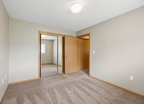 Bright apartment bedroom with carpeted flooring, neutral walls, mirrored sliding closet doors, and a separate walk-in closet for additional storage.