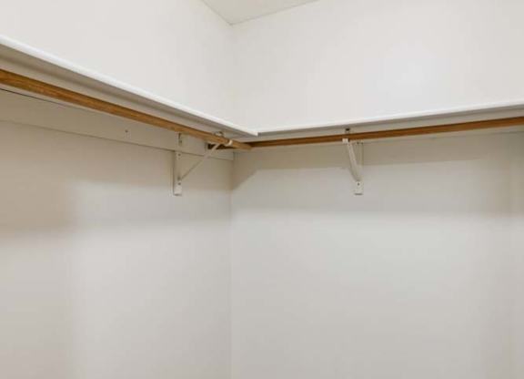 Walk-in apartment closet with carpeted flooring, wraparound hanging rods, and ample open storage space for clothing and organization.