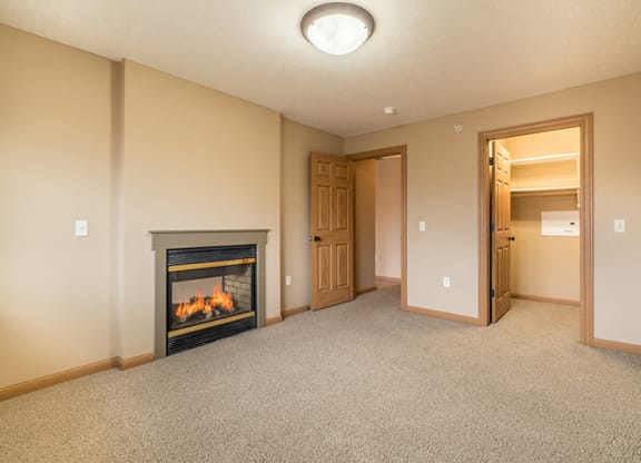 a spacious bedroom with a fireplace and a walk-in closet