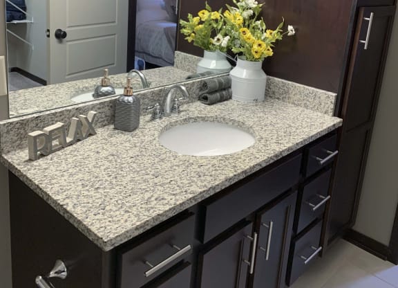 Bathroom with granite and linen closet for plenty of storage and bright light