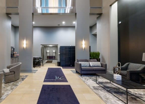 All about the details in the modern lobby at Midtown Crossing Apartments