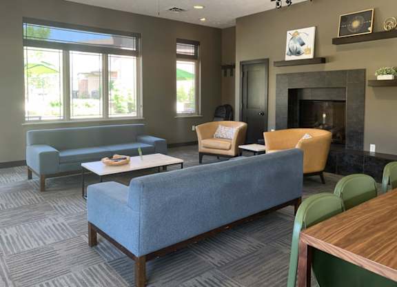 a living room with couches chairs and a fireplace