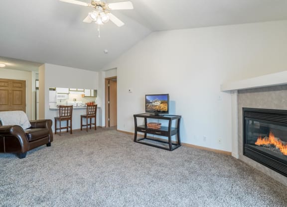 a living room with a fireplace and a couch