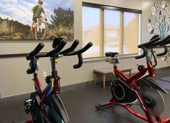 a group of exercise bikes in a gym with a painting on the wall