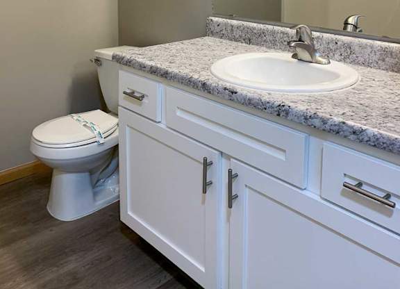 a bathroom with a wide vanity sink with white cabinets and a mirror