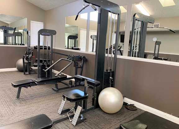 a gym with weights and mirrors in a treatment room