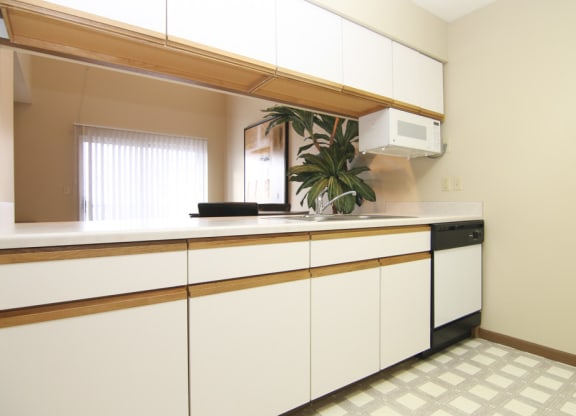 Kitchen with peek through window under cabinets into the living room