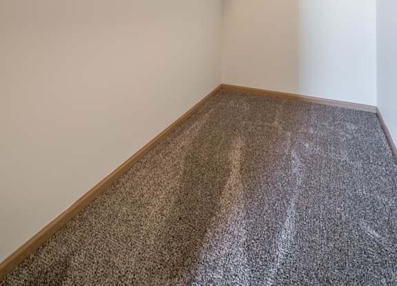 A room with a carpeted floor and a white wall.