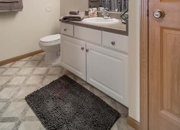 A bathroom with a toilet, sink, mirror, and a rug.