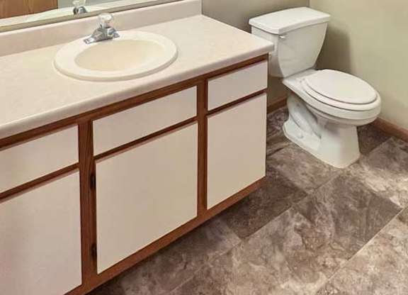 a bathroom with a vanity sink and large mirror