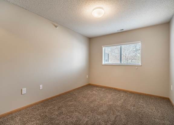 A room with a carpeted floor and a window with blinds.