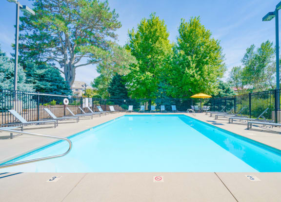 Swimming pool with lounge chairs for sunbathing and table shaded by yellow umbrella in the back