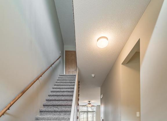 A staircase with a carpeted runner and wooden handrail.
