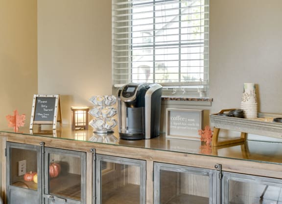 Coffee station in the clubhouse at Stone Creek Villas townhomes in west Omaha NE 68116