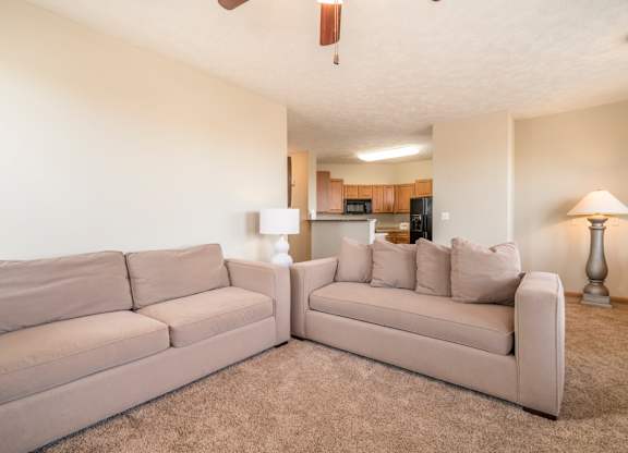 a living room with a couch and a chair and a kitchen