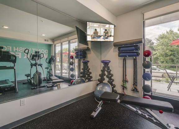 Fitness Center with cardio equipment at The Central apartments near downtown Minneapolis MN 55408