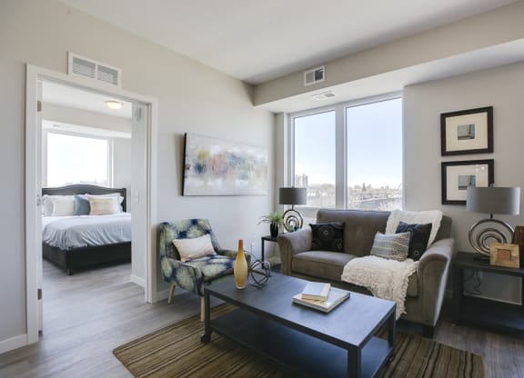 View of bedroom from living room at The Central apartments near downtown Minneapolis MN 55408