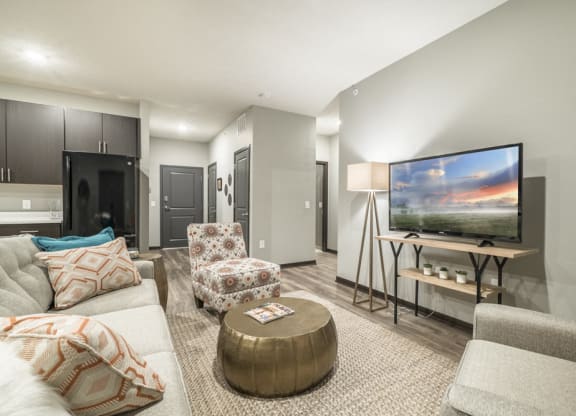 Living room view of 1 bedroom apartment for rent near UNMC in traditional design scheme