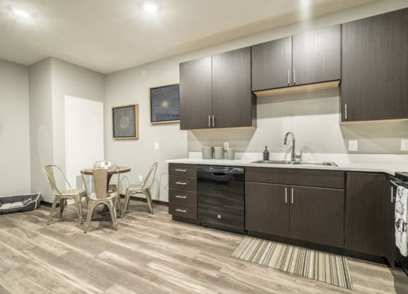 Pet-friendly apartment with dark cabinetry at The Conrad in the Blackstone District in Omaha