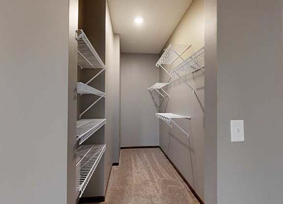 a long, narrow walk-in closet with shelving and a carpeted floor