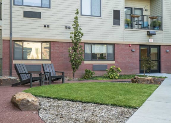 Outdoor seating at The Conrad near UNMC in the Blackstone District Omaha NE 68105