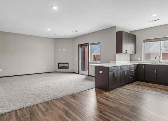 Open-concept apartment living area with plush carpeting, wood-style flooring, a modern kitchen, and a sliding glass door to a private patio.