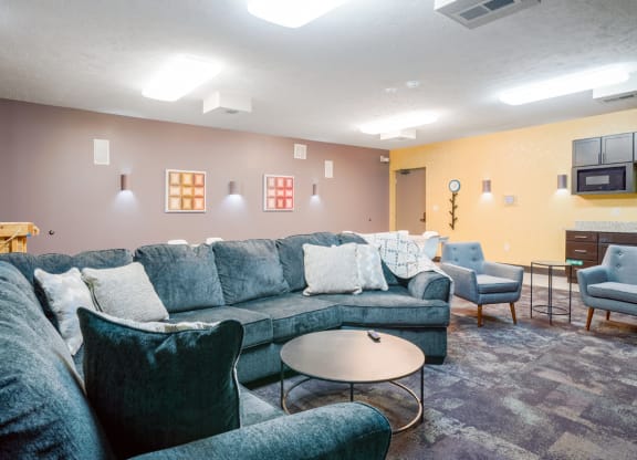 the theater room with couches chairs and a coffee table