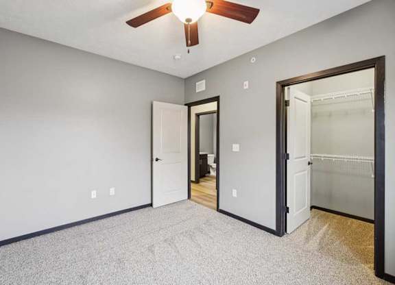 A carpeted bedroom with a walk-in closet and a ceiling fan.