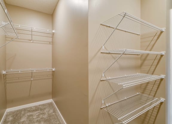 Walk in closet in master bedroom at The Flats at Shadow Creek new luxury apartments in east Lincoln NE 68520